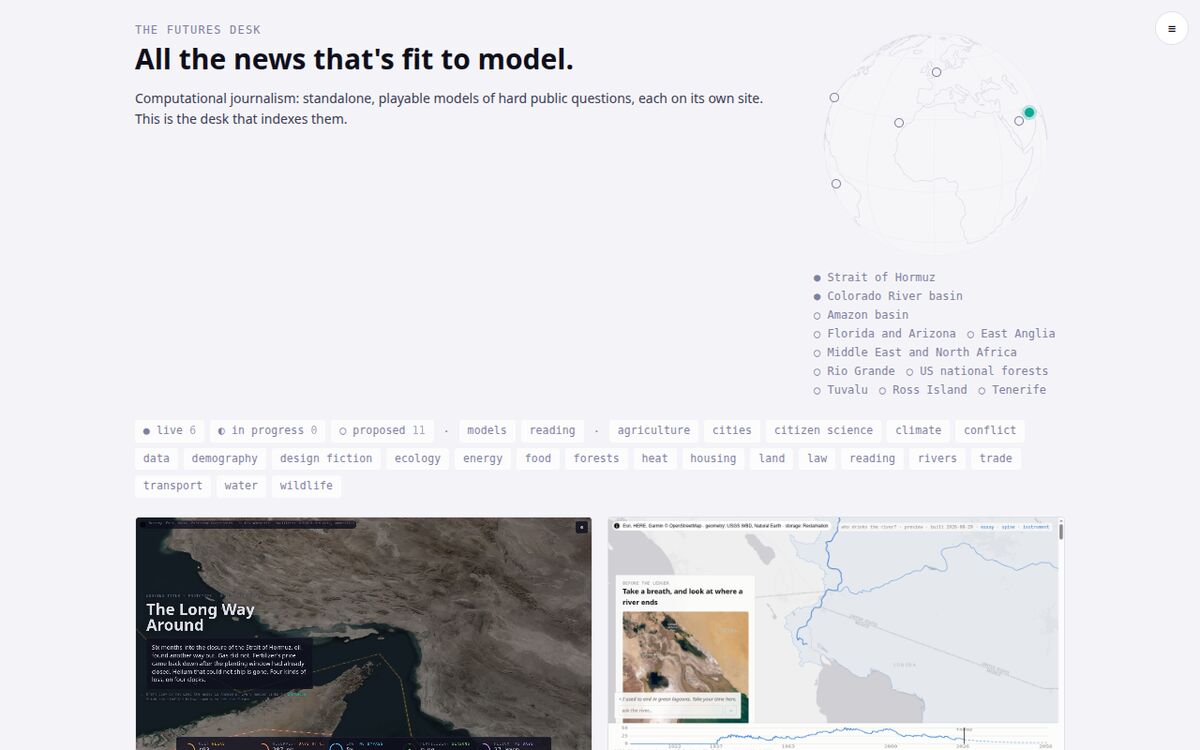 The Futures Desk: an index of playable models with a globe and topic filters